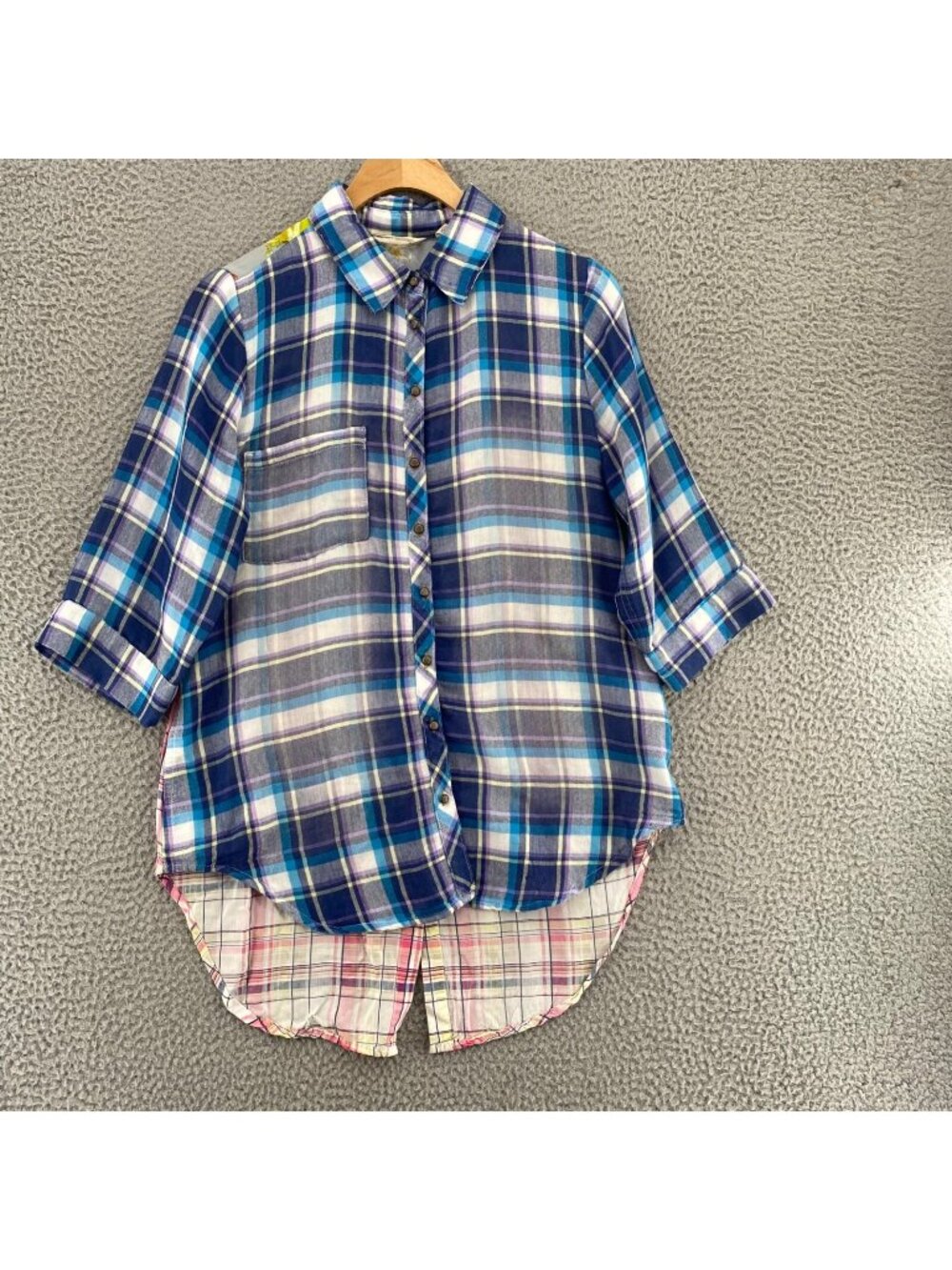 Soft Surroundings Top Womens Extra Small Serena Blue Plaid Floral Mix 3/4 Sleeve